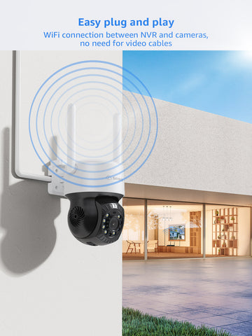 3MP 10 canaux Système de caméra PT CCTV sans fil, NVR 5MP, 4 IP caméras sans fil panoramiques & inclinables, enregistrement audio, détection humaine AI, fonctionne avec Alexa