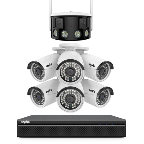 8 Canaux 5MP PoE Système de Caméra Sécurité  , 6 PoE Caméras , 1 Caméra IP WiFi Panoramique à Double Objectif, Vision Nocturne en Couleur, Audio Bidirectionnel, Compatible ONVIF