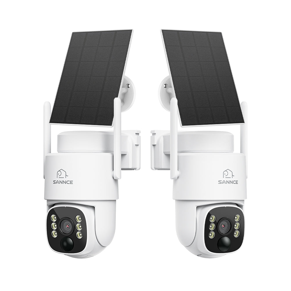 Lot de 2 caméras WiFi PTZ extérieures 4MP solaires avec batterie 8000 mAh, détection IA + PIR, vision nocturne couleur, audio bidirectionnel et Wi-Fi 6