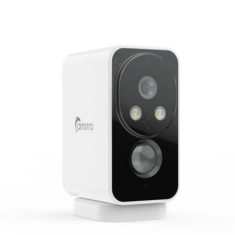 Caméra extérieure sans fil Camstro 2K avec vision nocturne couleur, détection PIR, audio bidirectionnel, IP66, stockage Cloud/Carte SD, compatible Alexa, Wi-Fi 2,4 GHz, batterie rechargeable.