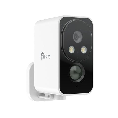 Caméra extérieure sans fil Camstro 2K avec vision nocturne couleur, détection PIR, audio bidirectionnel, IP66, stockage Cloud/Carte SD, compatible Alexa, Wi-Fi 2,4 GHz, batterie rechargeable.