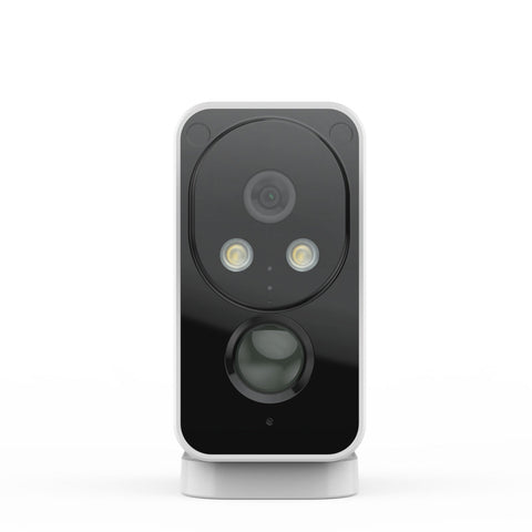 Caméra extérieure sans fil Camstro 2K avec vision nocturne couleur, détection PIR, audio bidirectionnel, IP66, stockage Cloud/Carte SD, compatible Alexa, Wi-Fi 2,4 GHz, batterie rechargeable.
