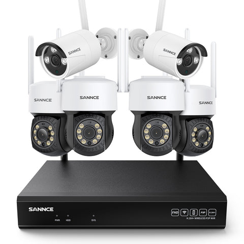 3MP 10 canaux sans fil Système de caméras de vidéosurveillance, 4 PTZ caméras & 2 Bullet caméras , enregistreur NVR 8MP, enregistrement audio, détection humaine IA, compatible avec Alexa