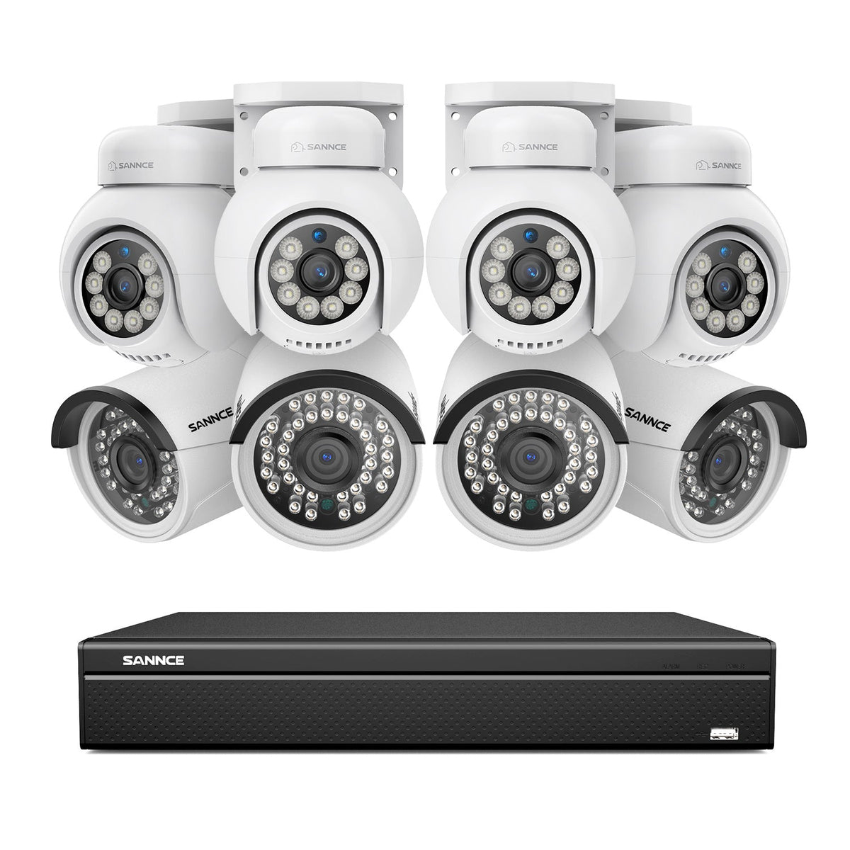 16 canaux 4K PoE PTZ Système de caméras de sécurité, 8MP caméras IP PoE extérieures , Pan & Tilt, NVR compatible ONVIF, audio bidirectionnel, détection intelligente humaine/vehicule (4x caméras PT+4x caméras IP)