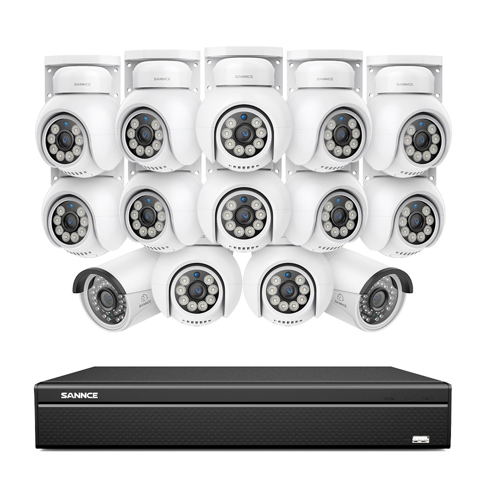 16 canaux 4K PoE PTZ Système de caméras de sécurité, 8MP caméras IP PoE extérieures , Pan & Tilt, NVR compatible ONVIF, audio bidirectionnel, détection intelligente humaine/vehicule (12x caméras PT+2x caméras IP)