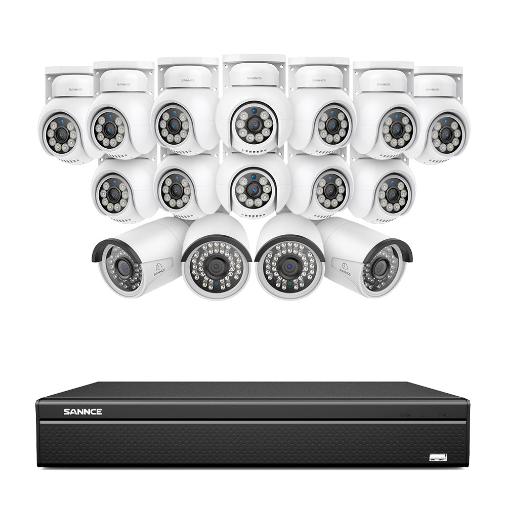 16 canaux 4K PoE PTZ Système de caméras de sécurité, 8MP caméras IP PoE extérieures , Pan & Tilt, NVR compatible ONVIF, audio bidirectionnel, détection intelligente humaine/vehicule (12x caméras PT+4x caméras IP)