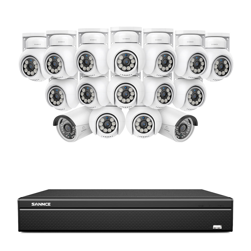 16 canaux 4K PoE PTZ Système de caméras de sécurité, 8MP caméras IP PoE extérieures , Pan & Tilt, NVR compatible ONVIF, audio bidirectionnel, détection intelligente humaine/vehicule (14x caméras PT+2x caméras IP)