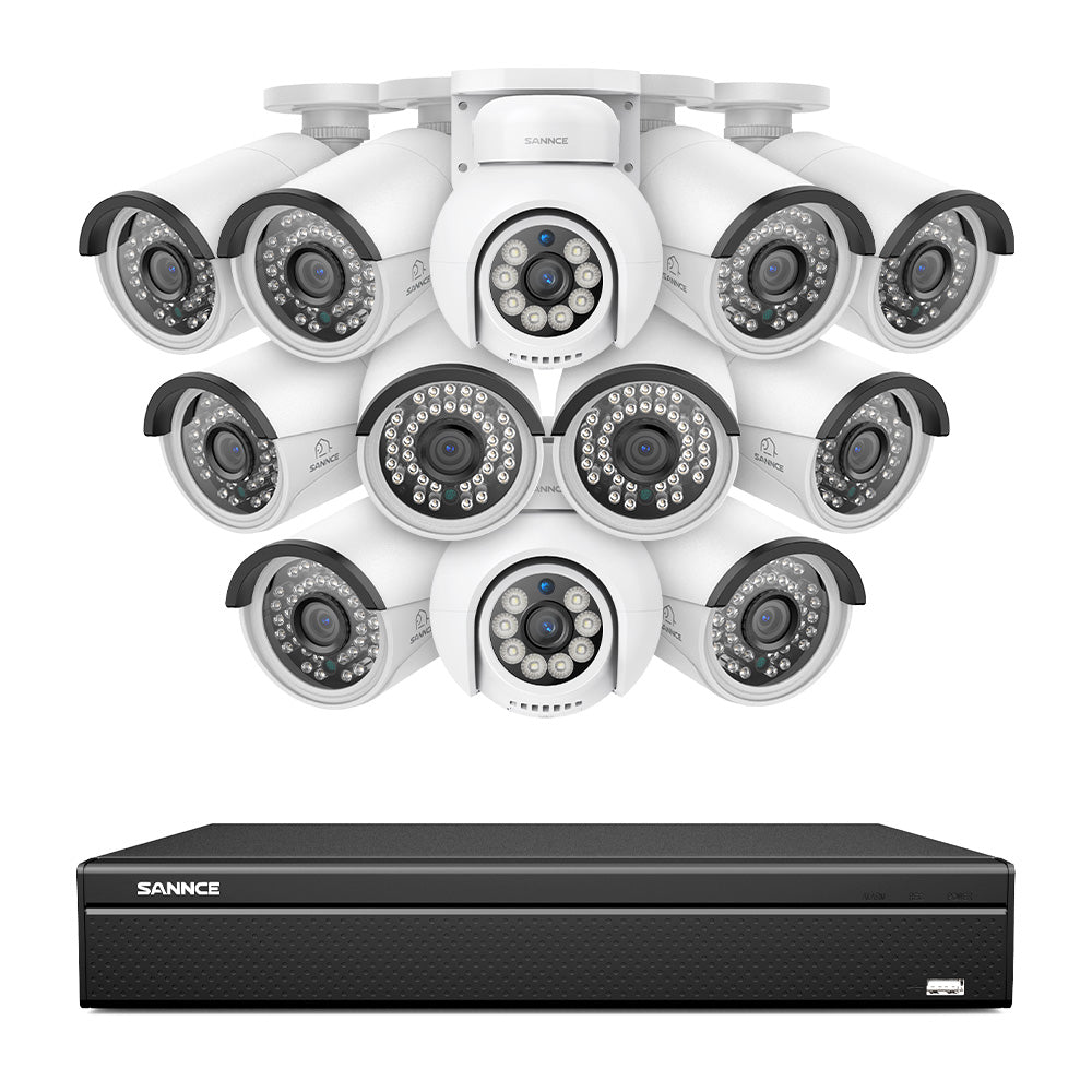 16 canaux 4K PoE PTZ Système de caméras de sécurité, 8MP caméras IP PoE extérieures , Pan & Tilt, NVR compatible ONVIF, audio bidirectionnel, détection intelligente humaine/vehicule (2x caméras PT+10x caméras IP)