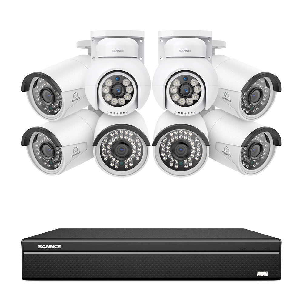 16 canaux 4K PoE PTZ Système de caméras de sécurité, 8MP caméras IP PoE extérieures , Pan & Tilt, NVR compatible ONVIF, audio bidirectionnel, détection intelligente humaine/vehicule (6x caméras PT+2x caméras IP)