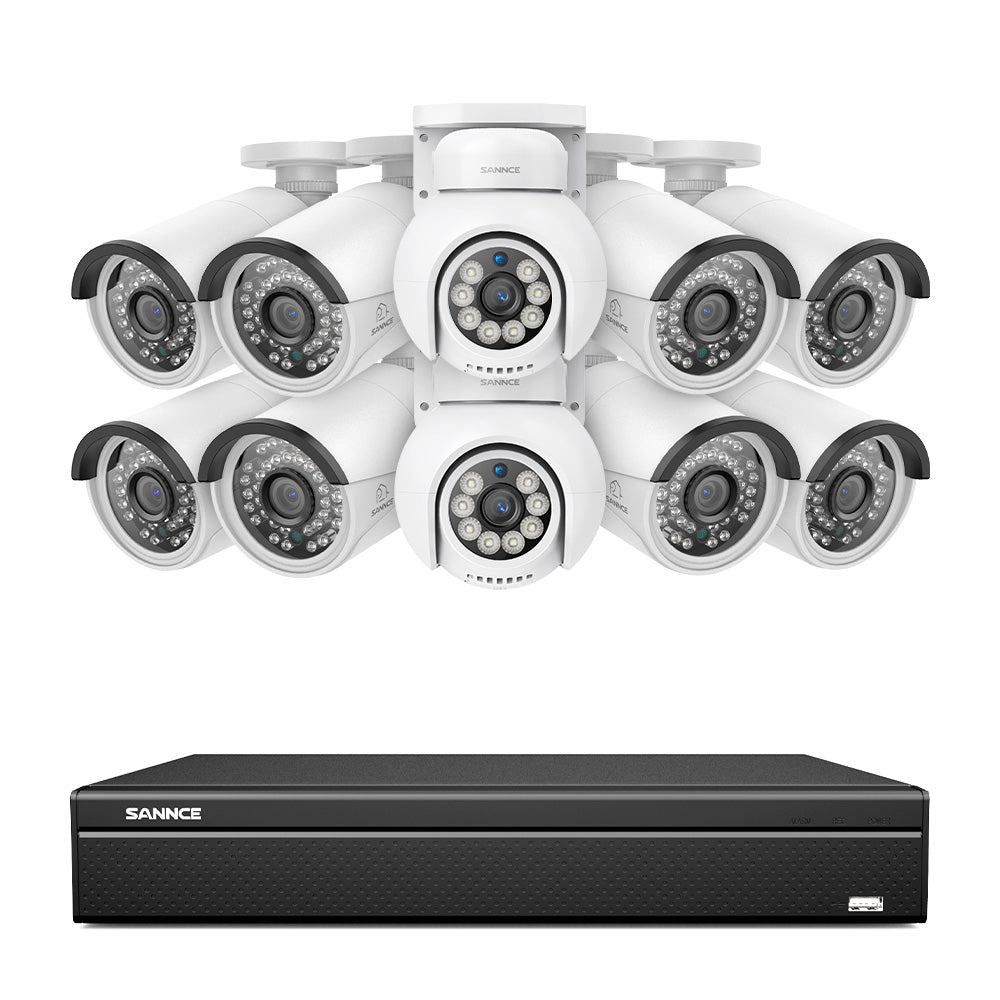 16 canaux 4K PoE PTZ Système de caméras de sécurité, 8MP caméras IP PoE extérieures , Pan & Tilt, NVR compatible ONVIF, audio bidirectionnel, détection intelligente humaine/vehicule (2x caméras PT+8x caméras IP)