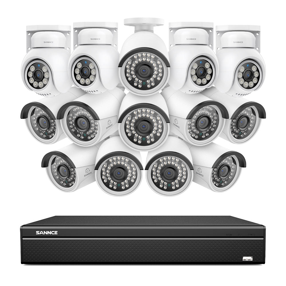 16 canaux 4K PoE PTZ Système de caméras de sécurité, 8MP caméras IP PoE extérieures , Pan & Tilt, NVR compatible ONVIF, audio bidirectionnel, détection intelligente humaine/vehicule (4x caméras PT+10x caméras IP)