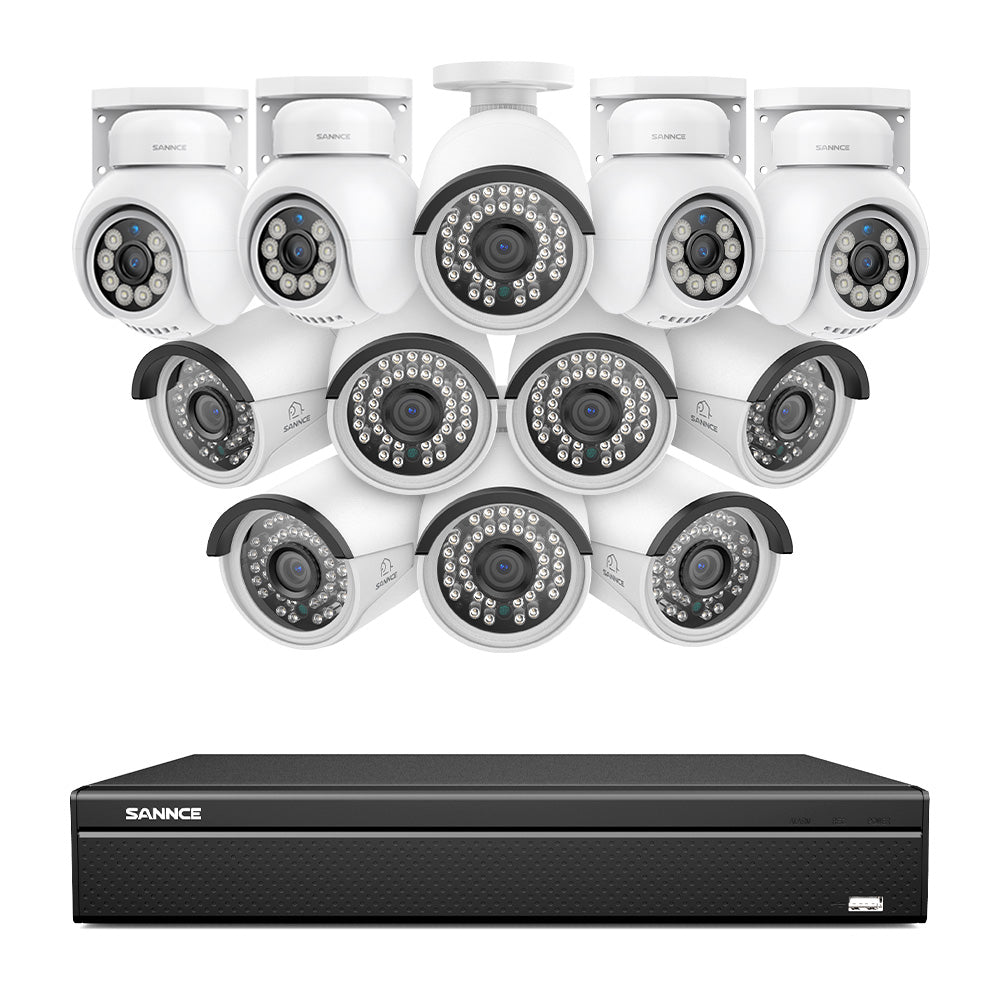 16 canaux 4K PoE PTZ Système de caméras de sécurité, 8MP caméras IP PoE extérieures , Pan & Tilt, NVR compatible ONVIF, audio bidirectionnel, détection intelligente humaine/vehicule (4x caméras PT+8x caméras IP)