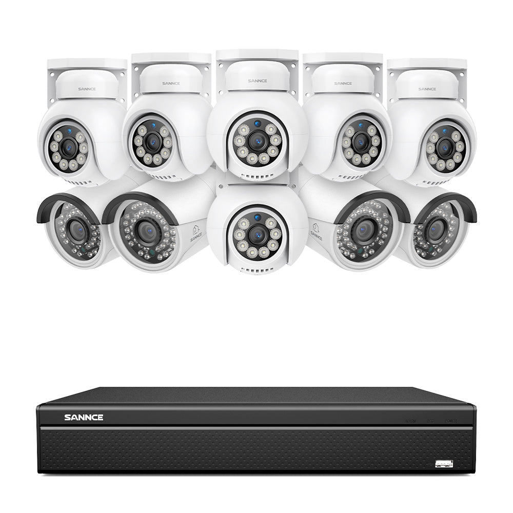 16 canaux 4K PoE PTZ Système de caméras de sécurité, 8MP caméras IP PoE extérieures , Pan & Tilt, NVR compatible ONVIF, audio bidirectionnel, détection intelligente humaine/vehicule (6x caméras PT+4x caméras IP)