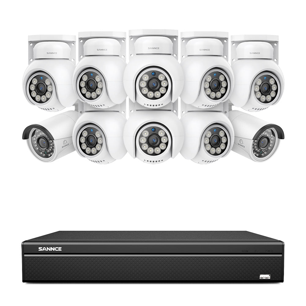 16 canaux 4K PoE PTZ Système de caméras de sécurité, 8MP caméras IP PoE extérieures , Pan & Tilt, NVR compatible ONVIF, audio bidirectionnel, détection intelligente humaine/vehicule (8x caméras PT+2x caméras IP)