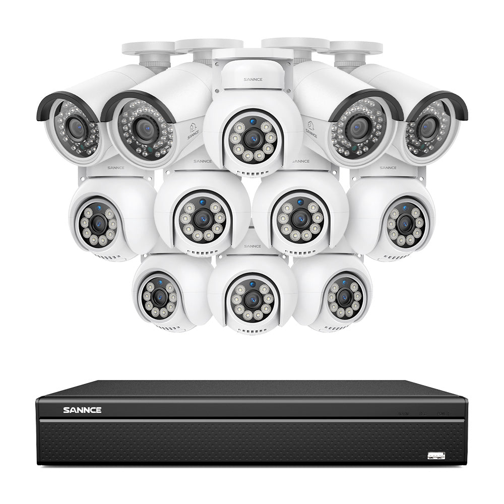 16 canaux 4K PoE PTZ Système de caméras de sécurité, 8MP caméras IP PoE extérieures , Pan & Tilt, NVR compatible ONVIF, audio bidirectionnel, détection intelligente humaine/vehicule (8x caméras PT+4x caméras IP)