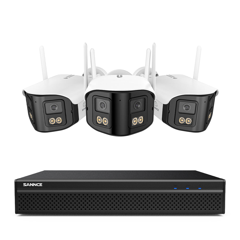 FDQ400 Système de vidéosurveillance PoE 4K à double objectif 10 canaux, NVR 8MP + 3 caméras IP WiFi & PoE 4MP, ultra grand-angle 170°, vision nocturne couleur ultra-performante en basse lumière, audio bidirectionnel, détection des personnes par IA