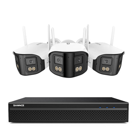 FDQ400 Système de vidéosurveillance PoE 4K à double objectif 10 canaux, NVR 8MP + 3 caméras IP WiFi & PoE 4MP, ultra grand-angle 170°, vision nocturne couleur ultra-performante en basse lumière, audio bidirectionnel, détection des personnes par IA
