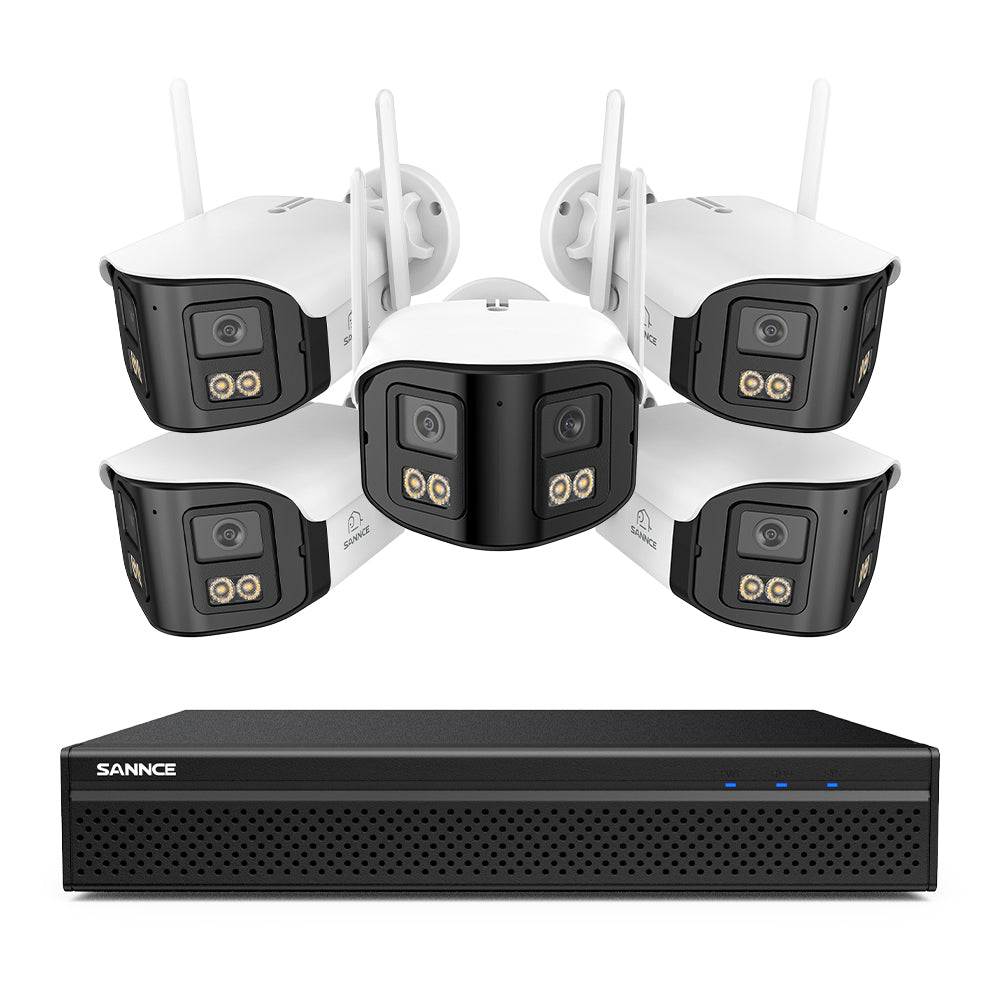 FDQ400 Système de vidéosurveillance PoE 4K 10 canaux, NVR 8MP + 5 caméras IP 4MP Wi-Fi/PoE, double objectif, angle 170°, vision nocturne couleur, audio bidirectionnel, détection humaine IA