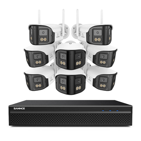 FDQ400 Système de vidéosurveillance PoE 4K 10 canaux, NVR 8MP + 8 caméras IP 4MP Wi-Fi/PoE, double objectif, angle 170°, vision nocturne couleur, audio bidirectionnel, détection humaine IA