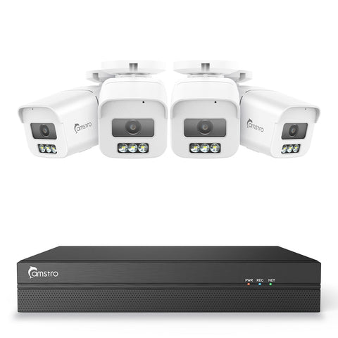Camstro Système de Sécurité CCTV 4K à 8 Canaux PoE, NVR 4K avec 4 Caméras IP 8MP, Vision Nocturne en Couleur, Zone de Détection Personnalisée, Détection Intelligente Complète, Interphone Audio Bidirectionnel, Étanchéité IP67
