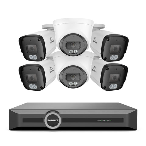 Système de vidéosurveillance PoE 4K avec audio, compression S+265, détection par IA, vision nocturne couleur à double éclairage, étanchéité IP67 (NVR 8 canaux + 6 caméras)