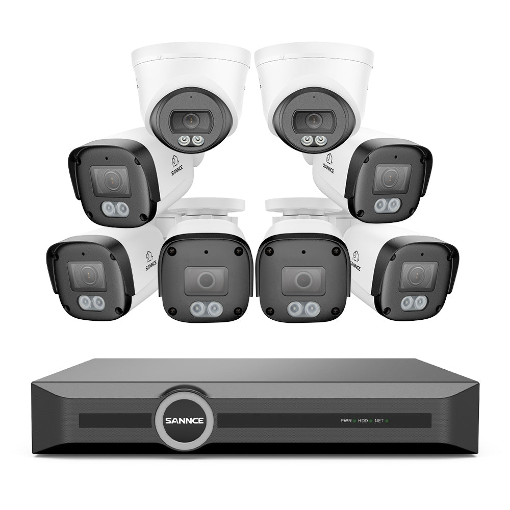 Système de caméras de surveillance PoE 4K avec audio, compression S+265, détection intelligente par IA, vision nocturne couleur à double éclairage, certification IP67 étanche (NVR 8 canaux + 8 caméras)