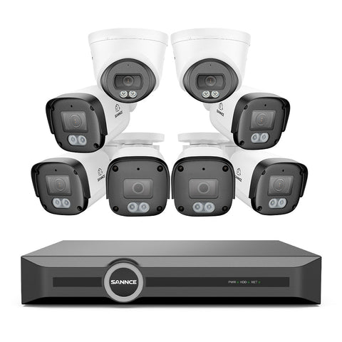 Système de caméras de surveillance PoE 4K avec audio, compression S+265, détection intelligente par IA, vision nocturne couleur à double éclairage, certification IP67 étanche (NVR 8 canaux + 8 caméras)