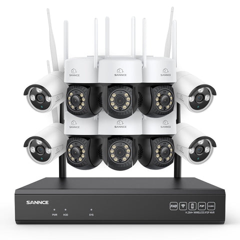 Système de vidéosurveillance sans fil 5MP à 16 canaux avec caméras PT, NVR 8MP, caméras IP WiFi 5MP Pan & Tilt, enregistrement audio, détection humaine par IA, compatible avec Alexa (4 caméras PT, 6 caméras Bullet et NVR 16CH 8MP)