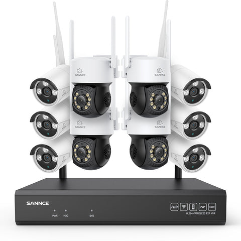 Système de vidéosurveillance sans fil 5MP à 16 canaux avec caméras PT, NVR 8MP, caméras IP WiFi 5MP Pan & Tilt, enregistrement audio, détection humaine par IA, compatible avec Alexa (4 caméras PT, 6 caméras Bullet et NVR 16CH 8MP)