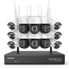 Système de vidéosurveillance sans fil 5MP à 16 canaux avec caméras PT, NVR 8MP, caméras IP WiFi 5MP Pan & Tilt, enregistrement audio, détection humaine par IA, compatible avec Alexa (6 caméras PT, 6 caméras Bullet et NVR 16CH 8MP)