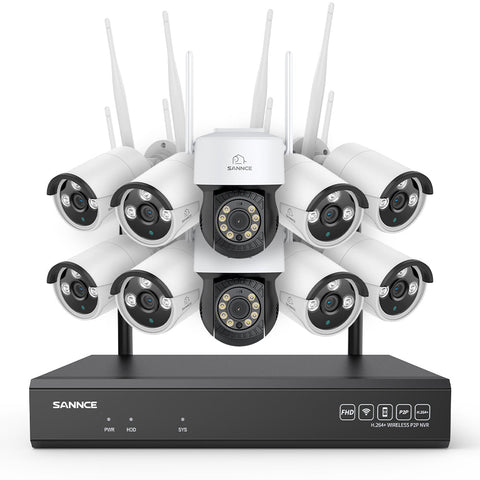 Système de vidéosurveillance sans fil 5MP à 16 canaux avec caméras PT, NVR 8MP, caméras IP WiFi 5MP Pan & Tilt, enregistrement audio, détection humaine par IA, compatible avec Alexa (10 caméras PT, 8 caméras Bullet et NVR 16CH 8MP)