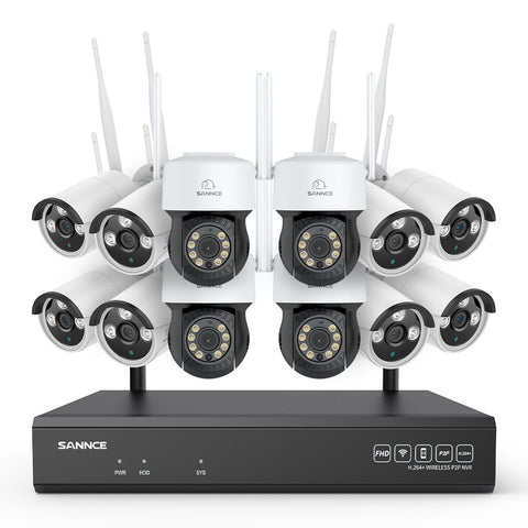 Système de vidéosurveillance sans fil 5MP à 16 canaux avec caméras PT, NVR 8MP, caméras IP WiFi 5MP Pan & Tilt, enregistrement audio, détection humaine par IA, compatible avec Alexa (4 caméras PT, 8 caméras Bullet et NVR 16CH 8MP)