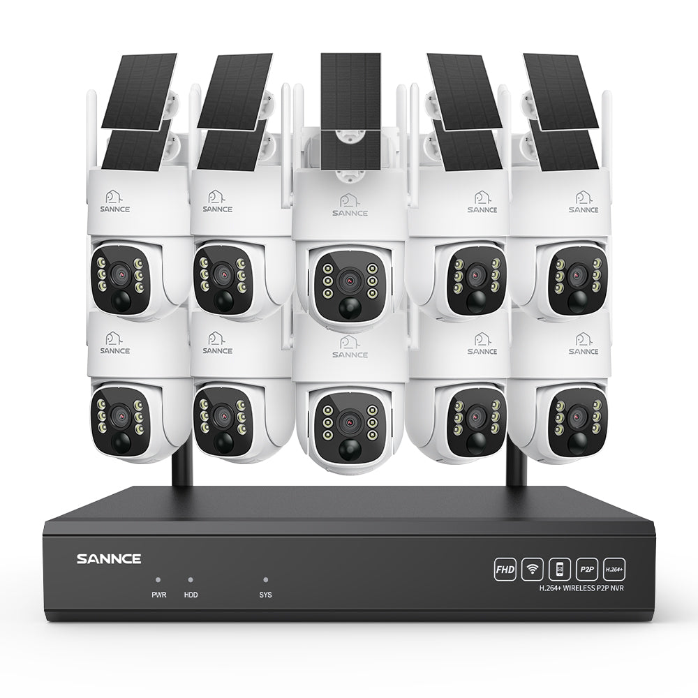 Système de vidéosurveillance WiFi 4MP avec NVR 16 canaux et 10 caméras PTZ solaires, Wi-Fi 6 double bande, détection IA + PIR, batterie 8000 mAh, vision nocturne couleur et audio bidirectionnel