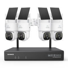 Système de vidéosurveillance WiFi 4MP avec NVR 16 canaux et 4 caméras PTZ solaires, Wi-Fi 6 double bande, détection IA + PIR, batterie 8000 mAh, vision nocturne couleur et audio bidirectionnel