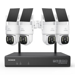 Système de vidéosurveillance WiFi 4MP avec NVR 16 canaux et 4 caméras PTZ solaires, Wi-Fi 6 double bande, détection IA + PIR, batterie 8000 mAh, vision nocturne couleur et audio bidirectionnel
