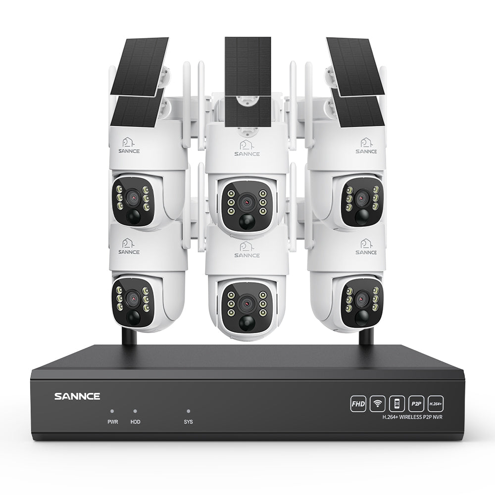 Système de vidéosurveillance WiFi 4MP avec NVR 16 canaux et 6 caméras PTZ solaires, Wi-Fi 6 double bande, détection IA + PIR, batterie 8000 mAh, vision nocturne couleur et audio bidirectionnel
