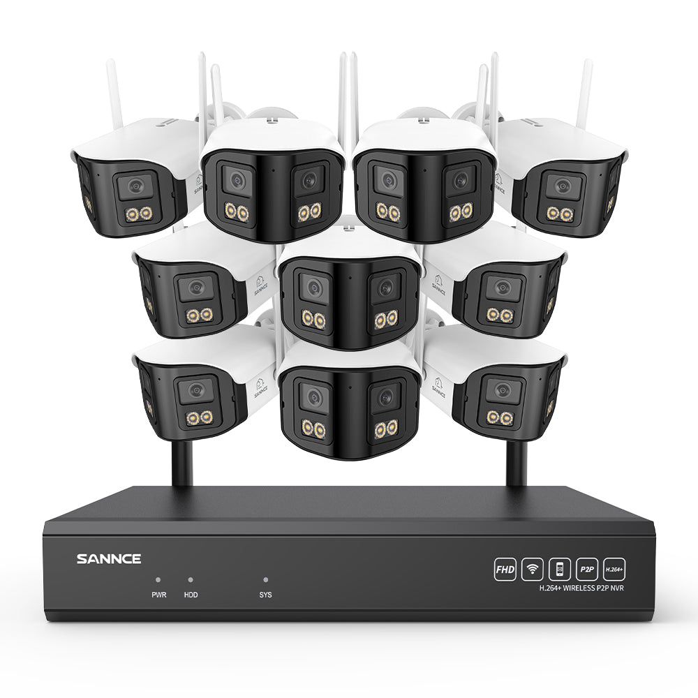 4MP Système de Surveillance WiFi 16 Canaux, NVR 8MP, 10 Caméras Double Objectif, Angle 170°, Vision Nocturne Couleur, Alexa