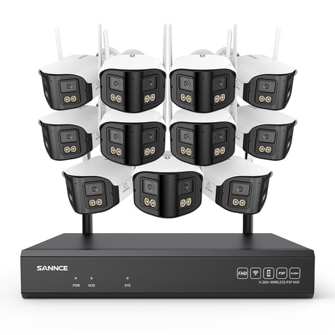 4MP Système de Surveillance WiFi 16 Canaux, NVR 8MP, 11 Caméras Double Objectif, Angle 170°, Vision Nocturne Couleur, Alexa