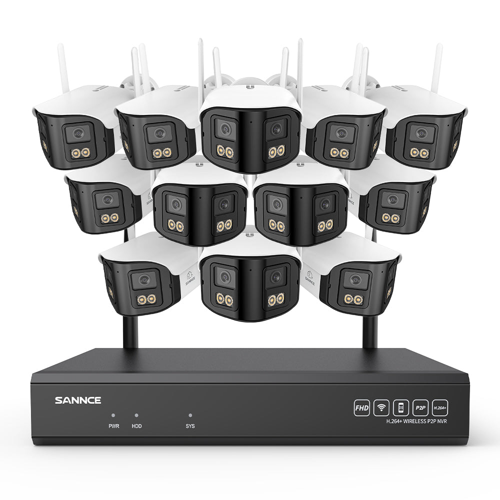4MP Système de Surveillance WiFi 16 Canaux, NVR 8MP, 12 Caméras Double Objectif, Angle 170°, Vision Nocturne Couleur, Alexa