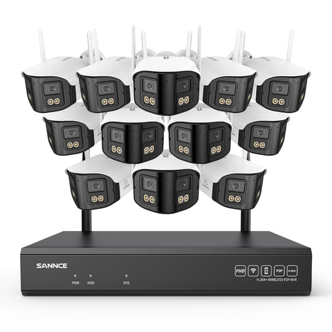 4MP Système de Surveillance WiFi 16 Canaux, NVR 8MP, 12 Caméras Double Objectif, Angle 170°, Vision Nocturne Couleur, Alexa