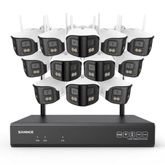4MP Système de Surveillance WiFi 16 Canaux, NVR 8MP, 12 Caméras Double Objectif, Angle 170°, Vision Nocturne Couleur, Alexa