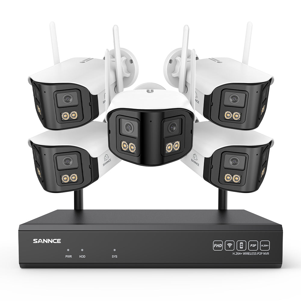 4MP Système de Surveillance WiFi 16 Canaux, NVR 8MP, 5 Caméras Double Objectif, Angle 170°, Vision Nocturne Couleur, Alexa