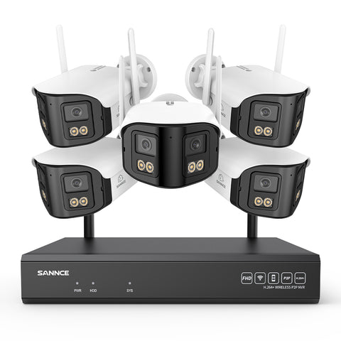 4MP Système de Surveillance WiFi 16 Canaux, NVR 8MP, 5 Caméras Double Objectif, Angle 170°, Vision Nocturne Couleur, Alexa