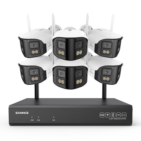 4MP Système de Surveillance WiFi 16 Canaux, NVR 8MP, 6 Caméras Double Objectif, Angle 170°, Vision Nocturne Couleur, Alexa