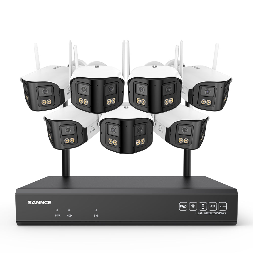 4MP Système de Surveillance WiFi 16 Canaux, NVR 8MP, 7 Caméras Double Objectif, Angle 170°, Vision Nocturne Couleur, Alexa