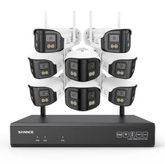 4MP Système de Surveillance WiFi 16 Canaux, NVR 8MP, 8 Caméras Double Objectif, Angle 170°, Vision Nocturne Couleur, Alexa