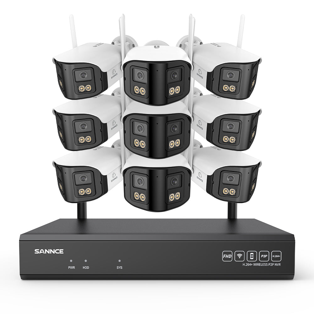 4MP Système de Surveillance WiFi 16 Canaux, NVR 8MP, 9 Caméras Double Objectif, Angle 170°, Vision Nocturne Couleur, Alexa