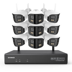 4MP Système de Surveillance WiFi 16 Canaux, NVR 8MP, 9 Caméras Double Objectif, Angle 170°, Vision Nocturne Couleur, Alexa