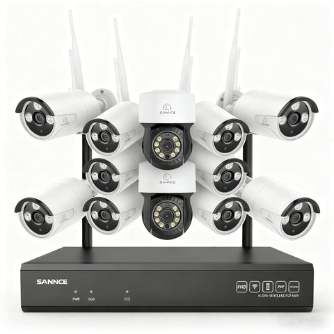 Système de vidéosurveillance sans fil 5MP à 16 canaux avec caméras PT, NVR 8MP, caméras IP WiFi 5MP Pan & Tilt, enregistrement audio, détection humaine par IA, compatible avec Alexa (2 caméras PT, 10 caméras Bullet et NVR 16CH 8MP)