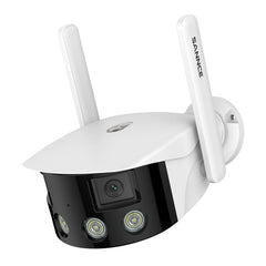 Certifié remis à neuf Caméra de Sécurité Extérieure Panoramique WiFi - Double Objectif, 2K 4MP, 180°, Vision Nocturne Couleur, Compatible Alexa & Google